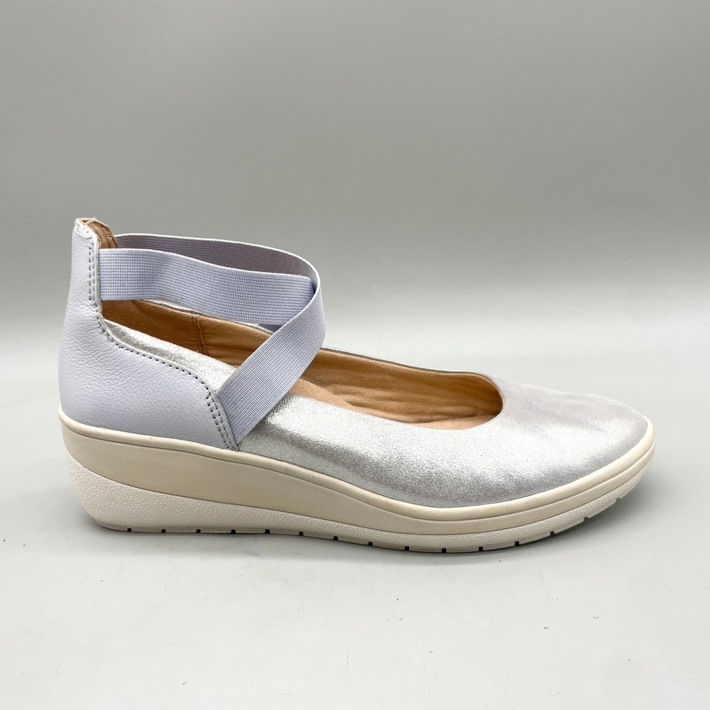 Vionic Womens 7.5 Ellery Wedge Ballet Shoes Silver Metallic Leather Ankle Strap
